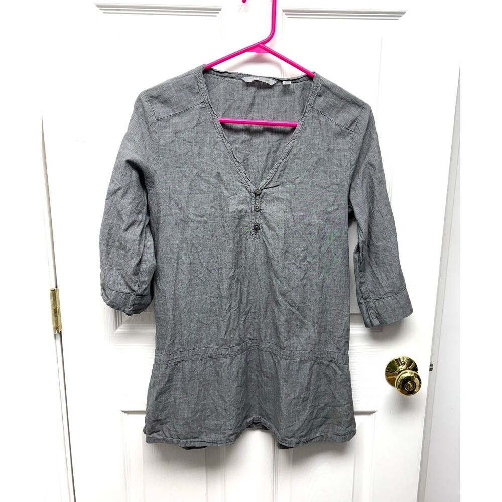 Horny Toad Top Gray Cotton Blouse, 3/4 Sleeves, V Neck, Button Detail, Size M